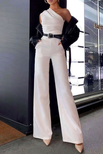 Elegant Solid Frenulum Oblique Collar Straight Jumpsuits(No Belt) White