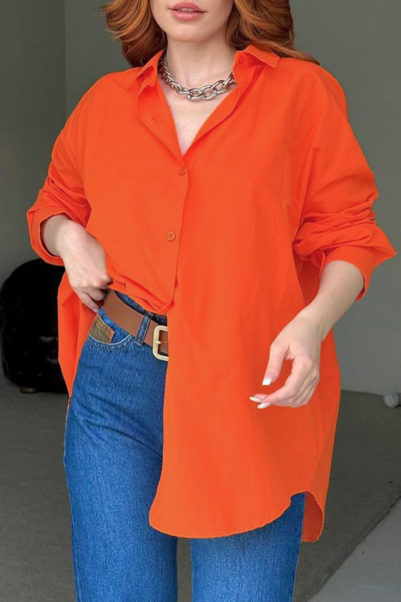 Street Solid Buttons Slit Turndown Collar Tops Orange