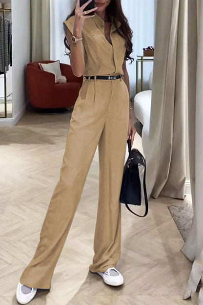 Casual British Style Solid Pocket Without Belt Mandarin Collar Sleeveless Two Pieces(No Belt) Khaki