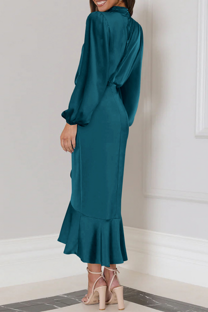 Elegant Solid Flounce Fold Turtleneck Evening Dress Dresses