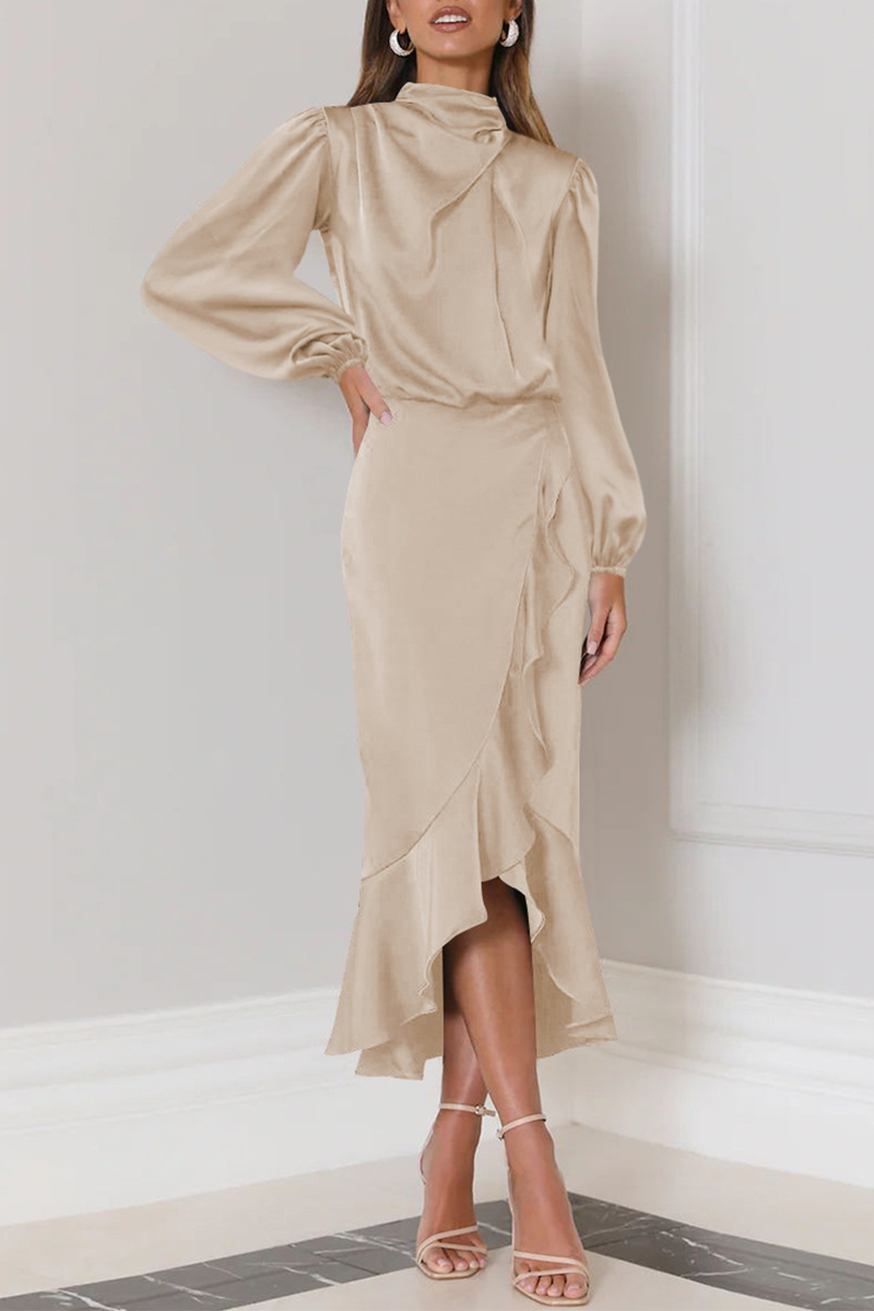 Elegant Solid Flounce Fold Turtleneck Evening Dress Dresses Apricot