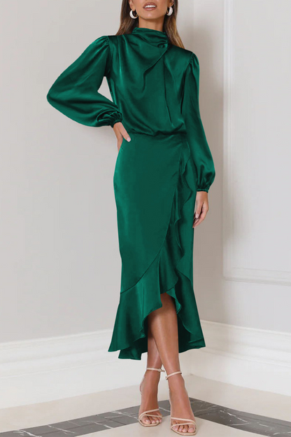 Elegant Solid Flounce Fold Turtleneck Evening Dress Dresses Dark Green