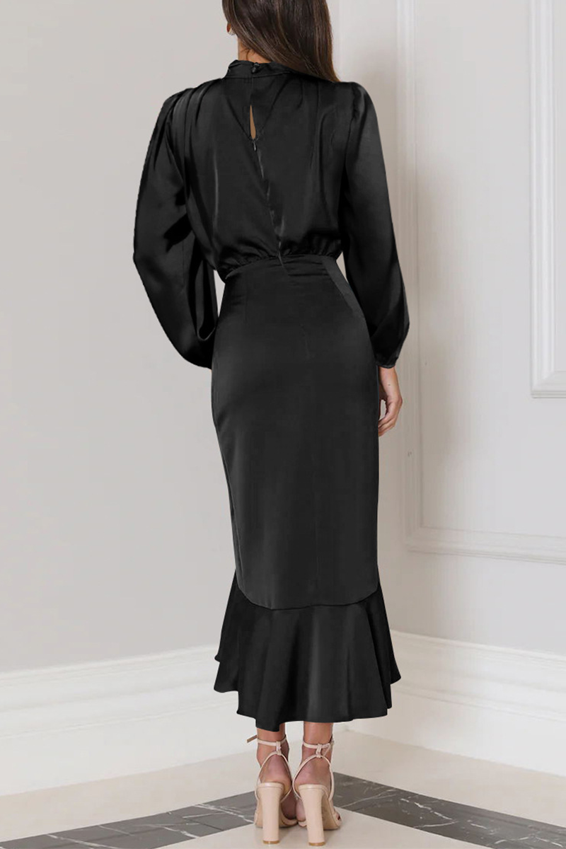 Elegant Solid Flounce Fold Turtleneck Evening Dress Dresses