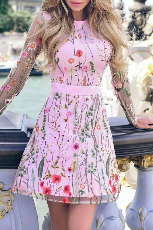 Sexy Bohemian Embroidery Lace O Neck Princess Dresses Pink