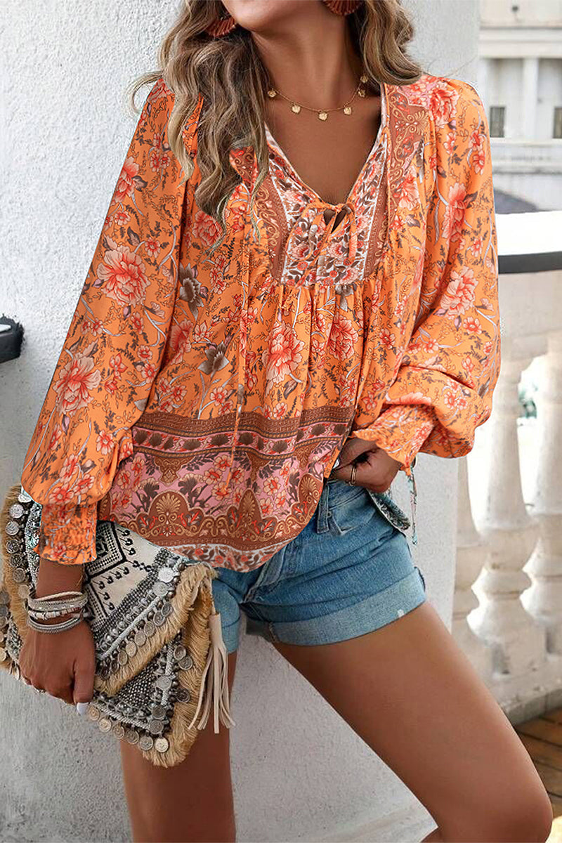 Elegant Floral Bandage V Neck Tops Orange