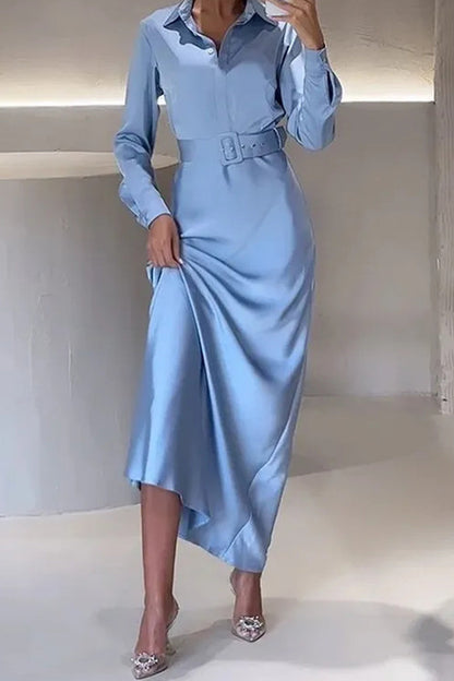 Elegant Solid With Belt Turndown Collar Shirt Dress Dresses Blue