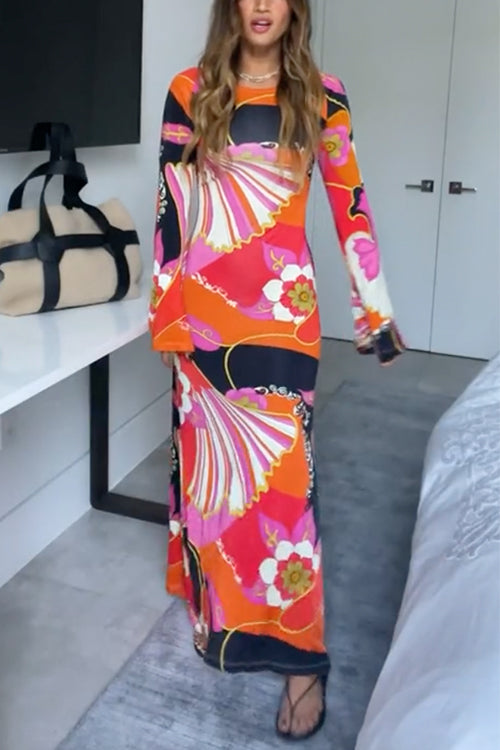 Bell Sleeves Backless Criss Cross Printed Maxi Dress