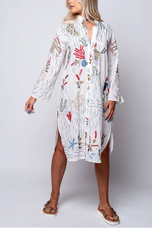 Rosiedress V Neck Long Sleeves Side Split Embroidery Shirt Dress