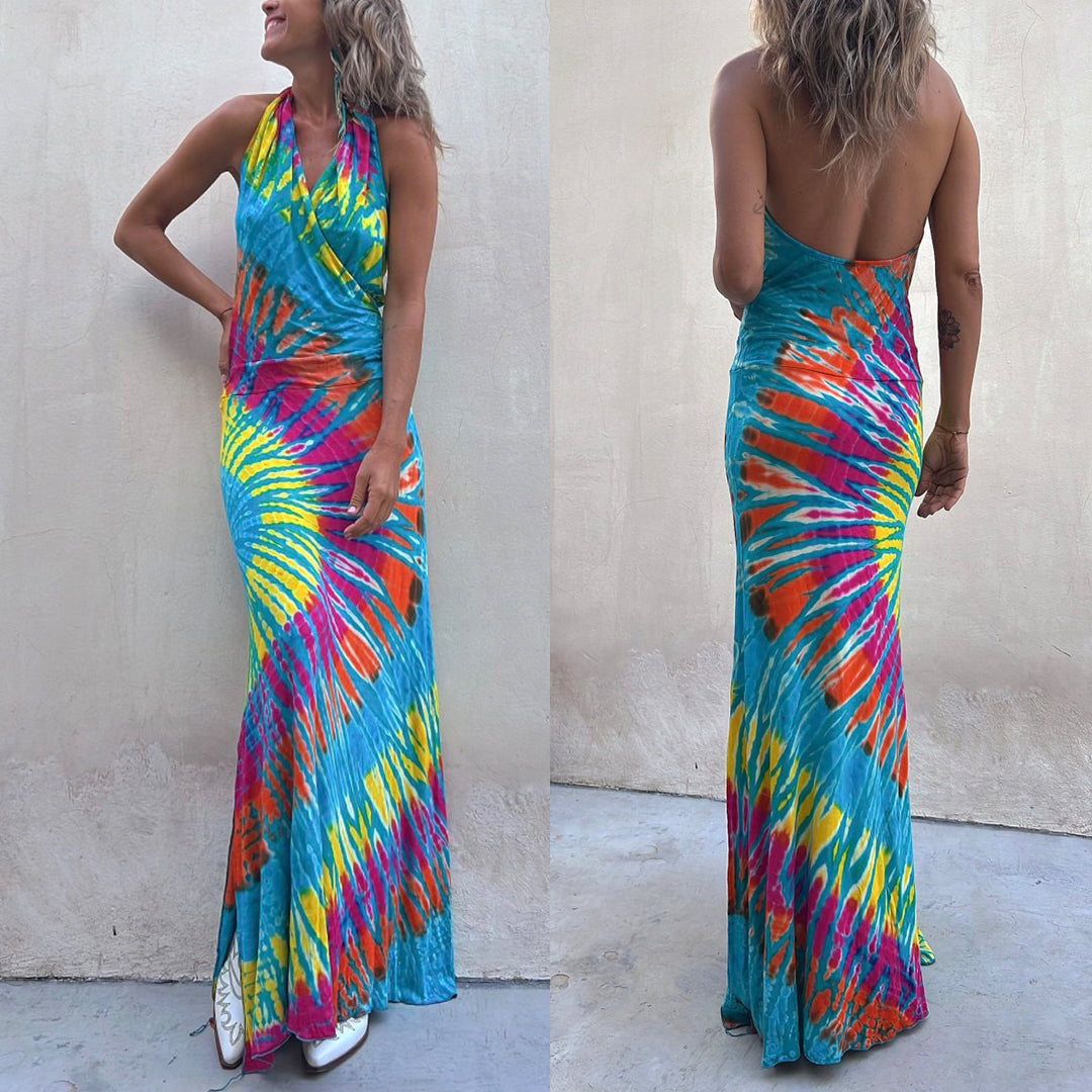 Rosiedress Sleeveless Halter Backless Maxi Tie Dye Dress Tie Dye