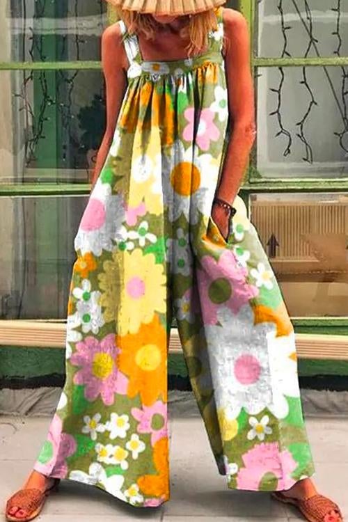 Rosiedress Wide Strapes Baggy Foral Printed Jumpsuit LightGreen