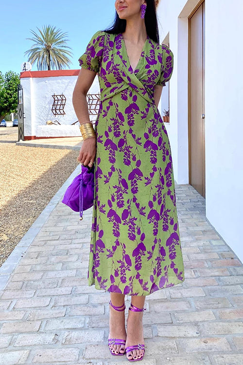 Rosiedress Cross V Neck Balloon Sleeves Printed Midi Dress