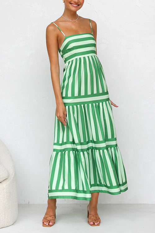 Rosiedress Spaghetti Strap Ruffle Tiered Color Block Striped Maxi Dress