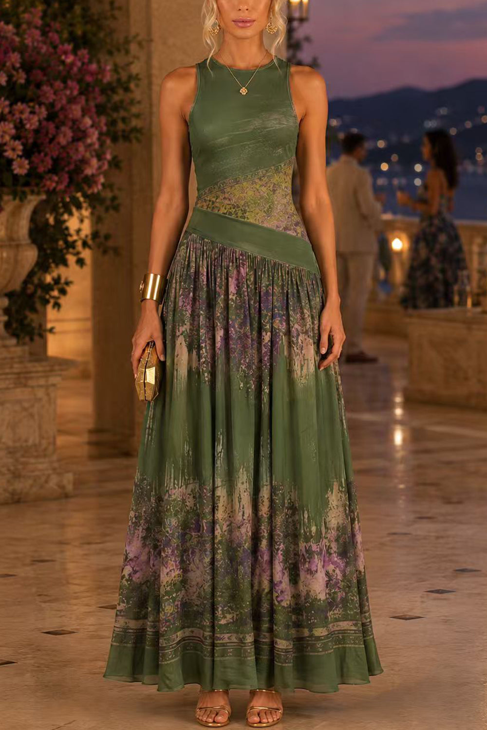 Crewneck Sleeveless Printed Flowy Maxi Dress