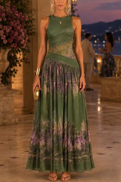 Crewneck Sleeveless Printed Flowy Maxi Dress