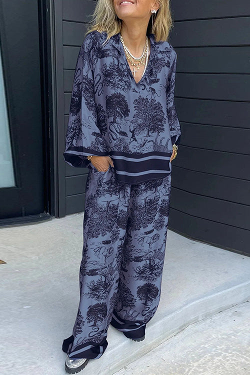 Lapel V Neck Long Sleeves Shirt Wide Leg Pants Printed Casual Set DarkBlue