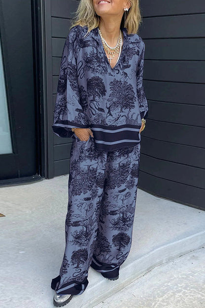 Lapel V Neck Long Sleeves Shirt Wide Leg Pants Printed Casual Set DarkBlue