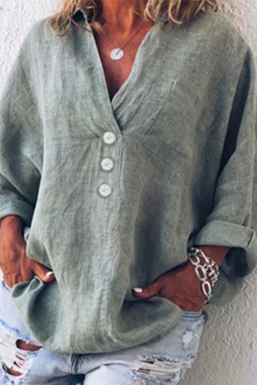 V Neck Long Sleeve Cotton Linen Shirt Green
