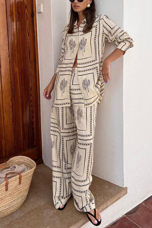 Rosiedress Cactus Print Lapel Long Sleeves Shirt Elastic Waist Wide Leg Pants Set