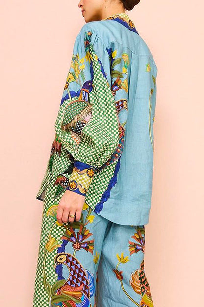 Lantern Long Sleeves Button Up Unique Printed Blouse Shirt