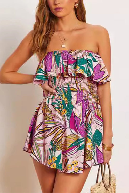 Ruffle Off Shoulder Smocked Waist Printed Mini Dress Purple