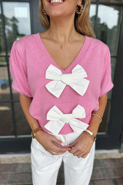 Rosiedress V Neck Short Sleeves Bow Knot Knit Top