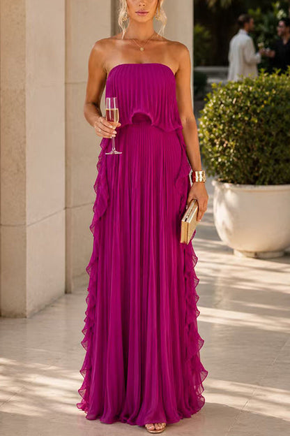 Elegant Strapless Tube Ruffle Pleated Maxi Dress
