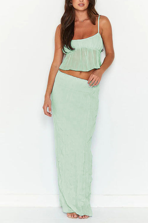 Ruffle Crop Cami Top Elastic Waist Maxi Skirt Set Green