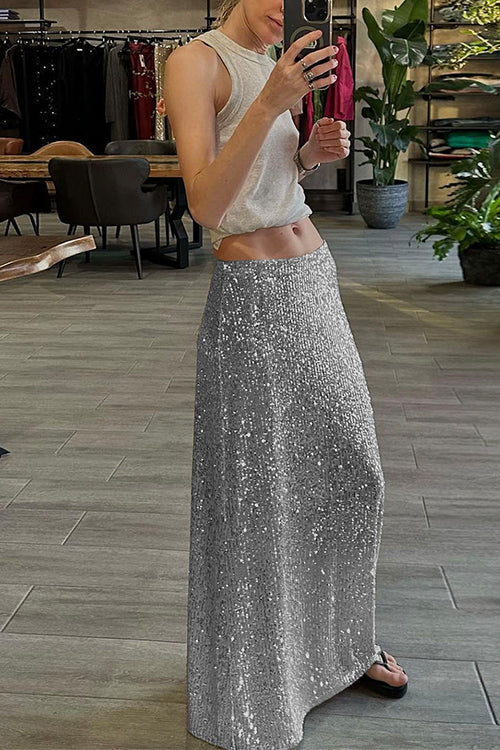 Elastic Waist Sequin A-line Maxi Skirt Silver