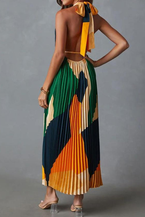 Rosiedress Halter Backless Color Block Printed Maxi Pleated Dress