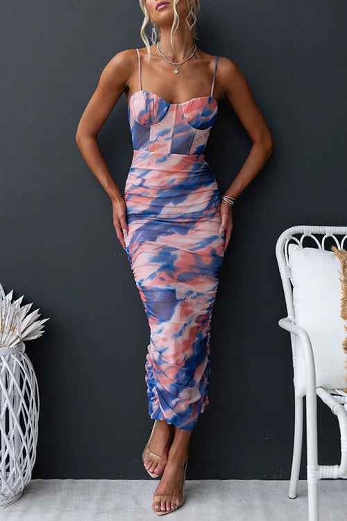 Spaghetti Strap Ruched Back Slit Printed Bodycon Midi Dress Blue