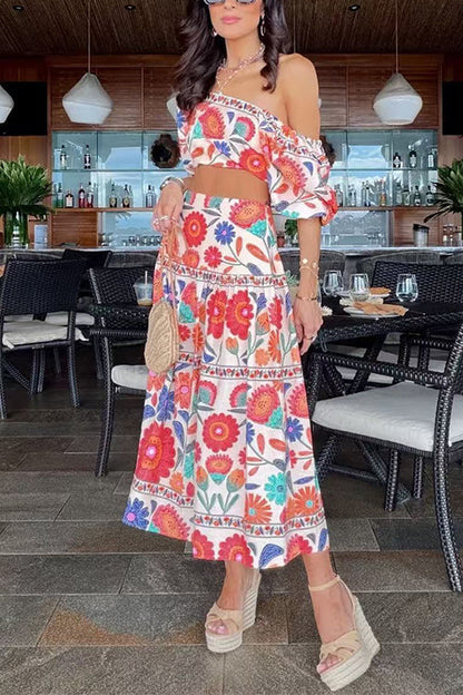 Puff Sleeves Back Cut Out Floral Print Crop Top