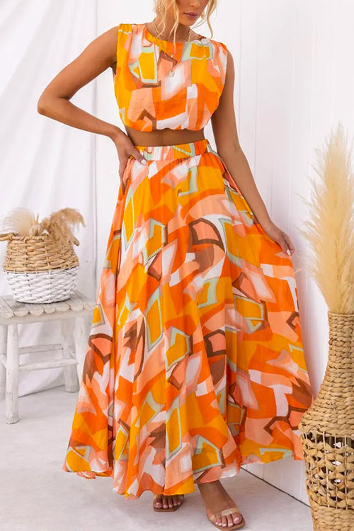 Printed Cropped Tank Top Elastic Waist Swing Maxi Skirt Set