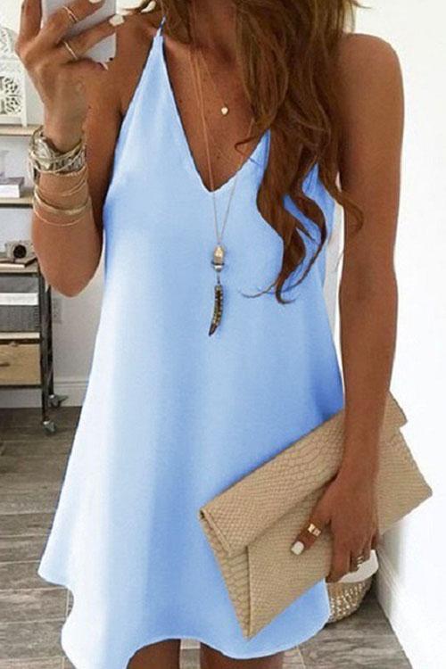 Rosiedress Solid V-neck Sleeveless Chiffon Swing Dress LightBlue