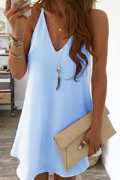 Solid V-neck Sleeveless Chiffon Swing Dress LightBlue