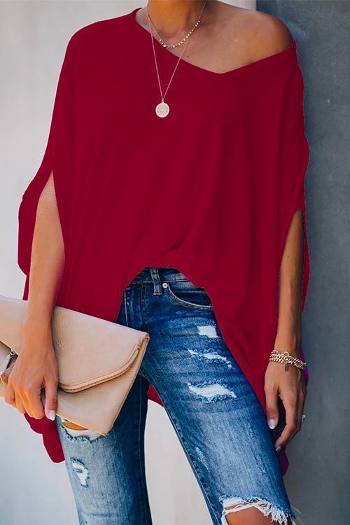 Rosiedress Loose V Neck Batwing Sleeve Solid T Shirt Burgundy