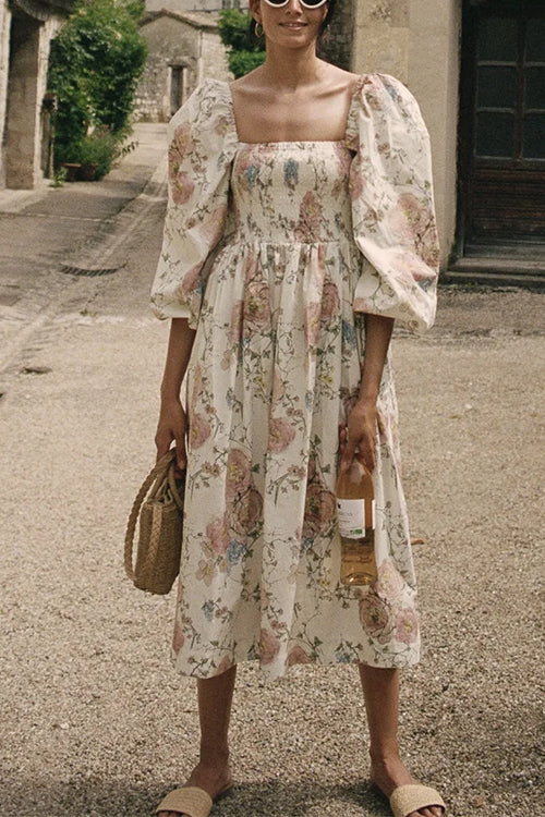 Square Neck Puff Sleeves Floral Print A-line Midi Dress