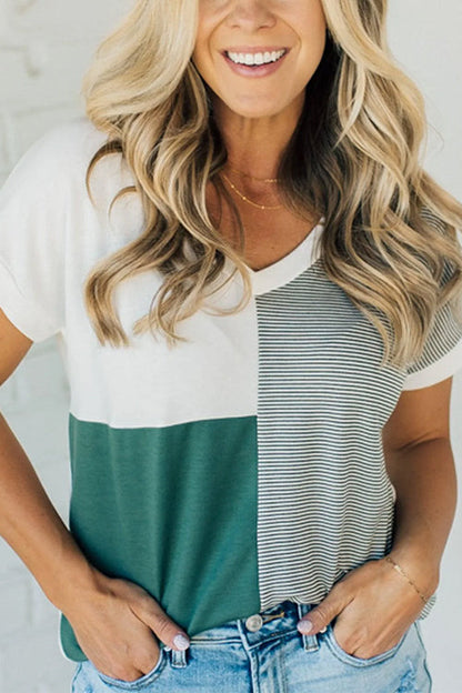 Rosiedress V Neck Stripe Splice Color Block T-shirt