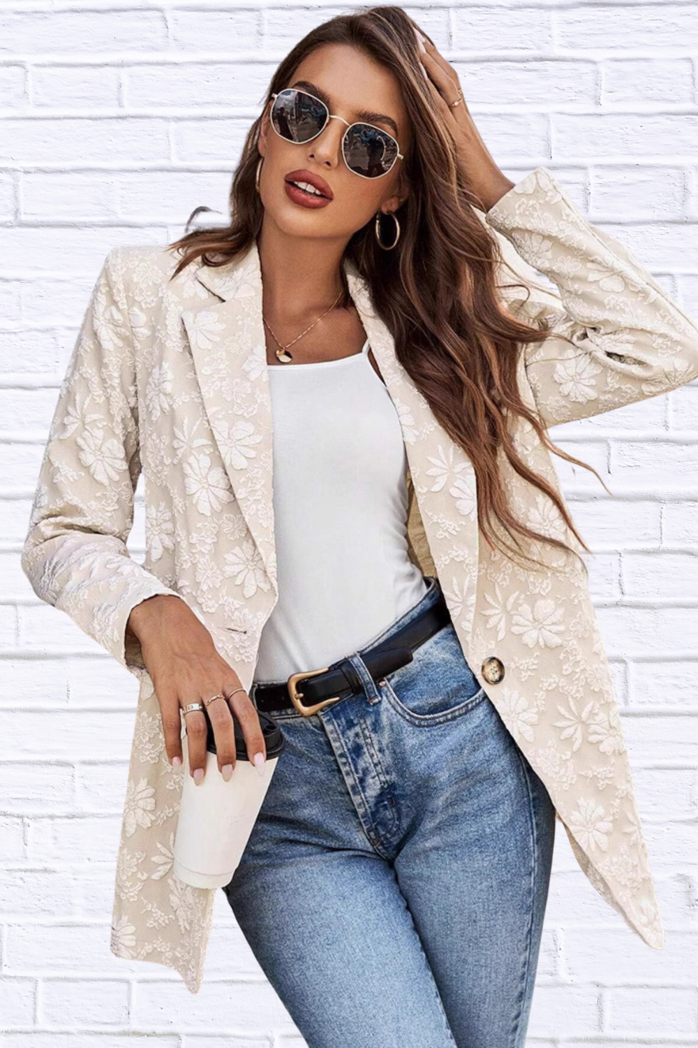 Floral Jacquard One Button Long Sleeve Blazer