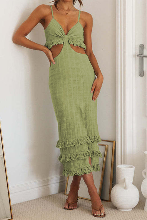 V Neck Cut Out Waist Slit Tassel Midi Cami Dress Green