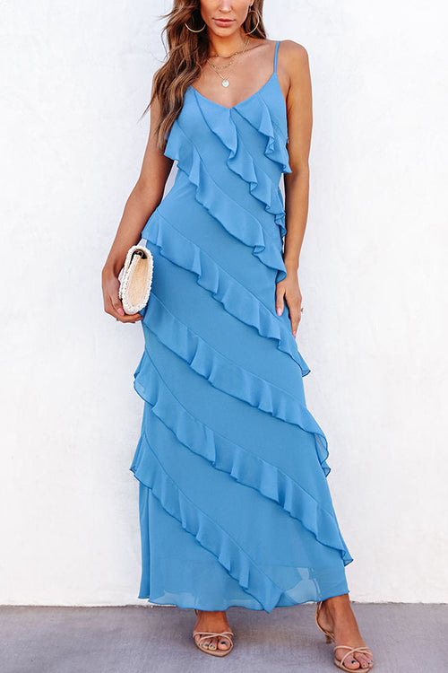 Rosiedress V Neck Side Slit Frills Maxi Cami Dress