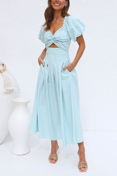 Rosiedress Twist Front Puff Sleeves Cut Out Pocketed Maxi Dress