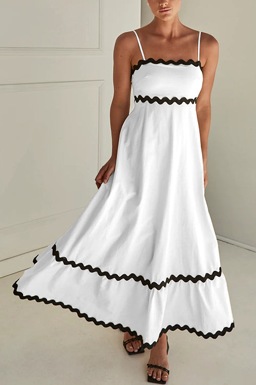 Rosiedress Spaghetti Strap High Waist Ric Rac Ruffle Maxi Dress White