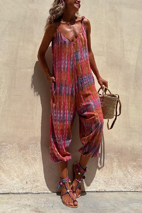 Rosiedress V Neck Tie Shoulder Pockets Tie Dye Cami Jumpsuit Tie Dye