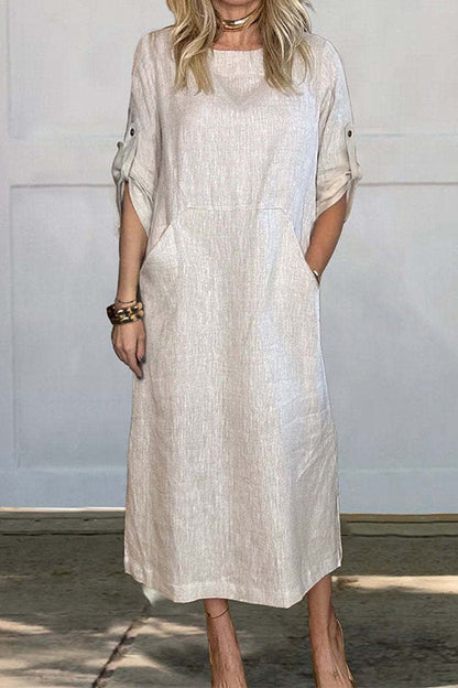 Rolled Up Sleeves Pocketed Cotton Linen Maxi Shift Dress White