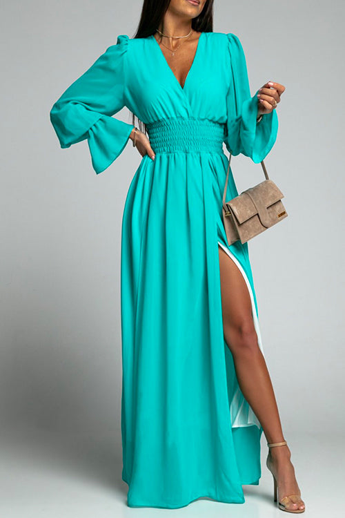 Rosiedress V Neck Long Sleeve Smocked Waist Maxi Slit Dress