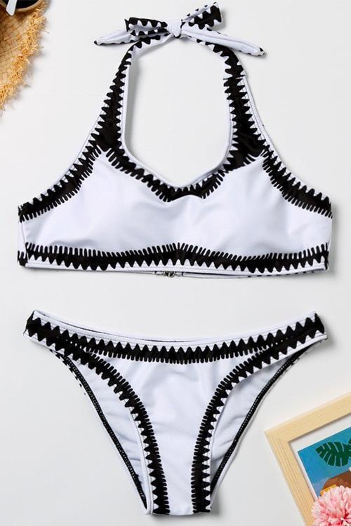Halter Color Block Triangle Bikini Set White