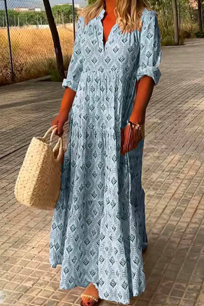V Neck Long Sleeves Tiered Printed Maxi Dress LightBlue