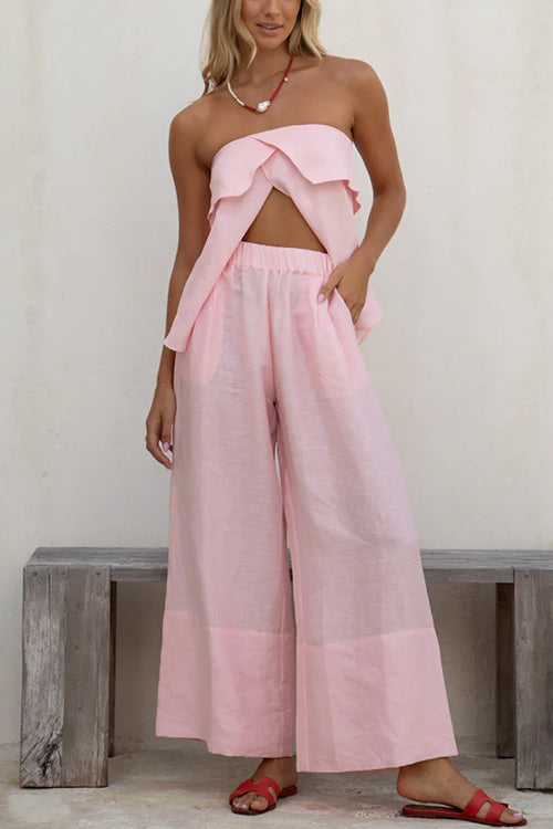 Rosiedress Strapless Ruffle Slit Top Elastic Waist Wide Leg Pants Set Pink