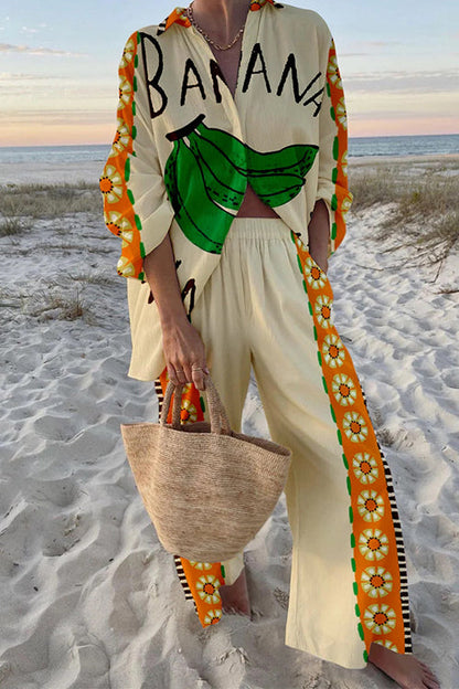 Banana Print Long Sleeves Blouse Shirt Wide Leg Pants Resort Wear Set Yellow