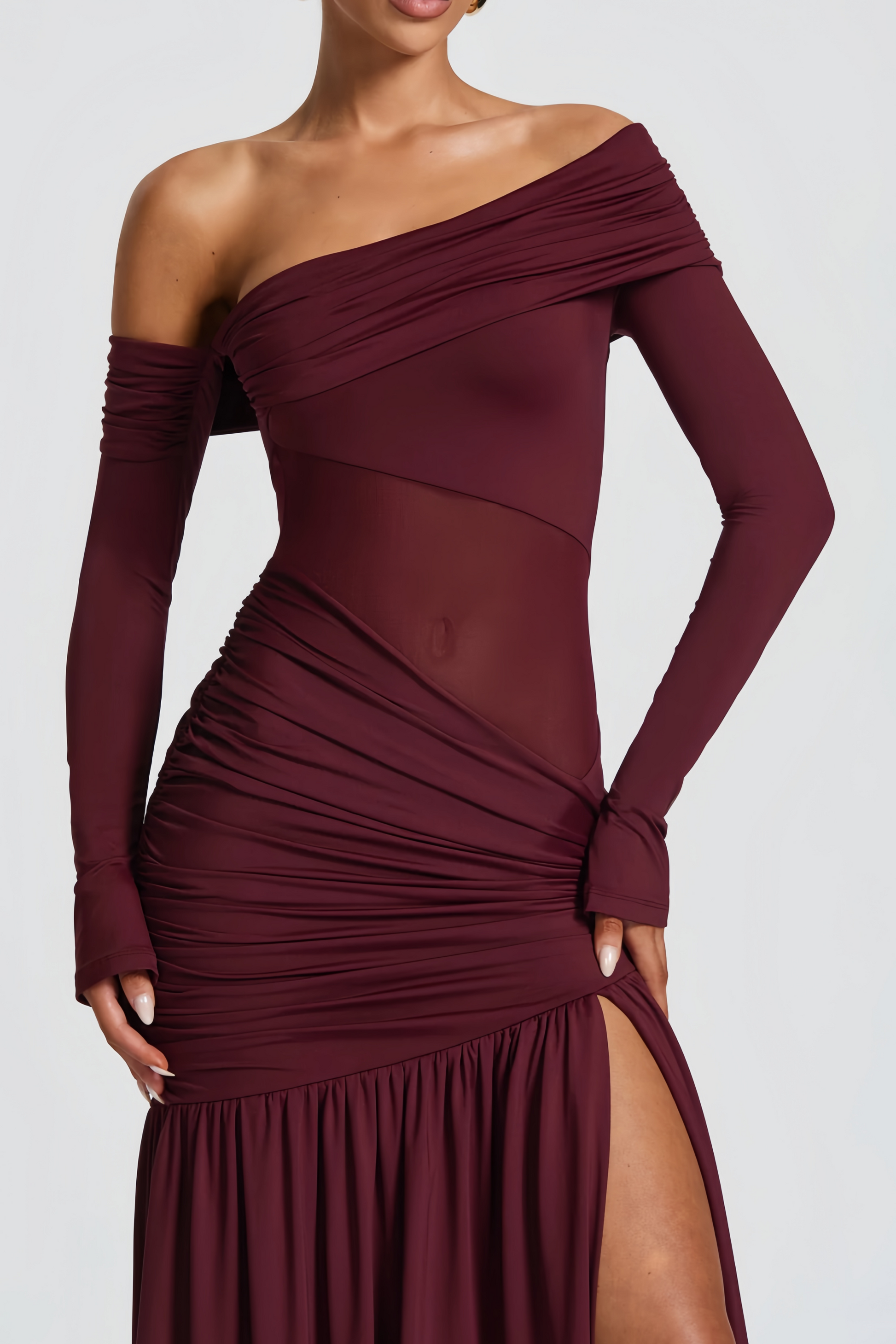 Anastasia Burgundy One Shoulder Gathered Maxi Dress – Voeza